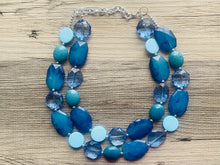 Load image into Gallery viewer, Beach Dream Necklace, multi strand jewelry, big beaded chunky statement necklace, blue clear resin chambray, navy wood bridesmaid earrings