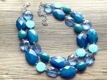 Load image into Gallery viewer, Beach Dream Necklace, multi strand jewelry, big beaded chunky statement necklace, blue clear resin chambray, navy wood bridesmaid earrings