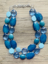 Load image into Gallery viewer, Beach Dream Necklace, multi strand jewelry, big beaded chunky statement necklace, blue clear resin chambray, navy wood bridesmaid earrings