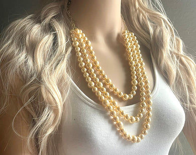 Honey Butter Statement Necklace, yellow jewelry, pearl champagne bib chunky necklace, yellow 3 strand gold necklace bubble