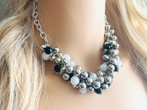 Silver Mirror Cluster Necklace, White Black Game Day Bridesmaid Jewelry dressy necklace beaded statement bib OOAK Gray silver