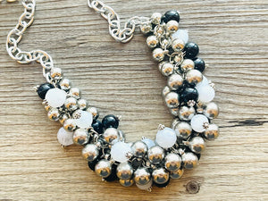 Silver Mirror Cluster Necklace, White Black Game Day Bridesmaid Jewelry dressy necklace beaded statement bib OOAK Gray silver