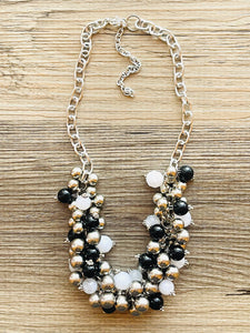 Silver Mirror Cluster Necklace, White Black Game Day Bridesmaid Jewelry dressy necklace beaded statement bib OOAK Gray silver