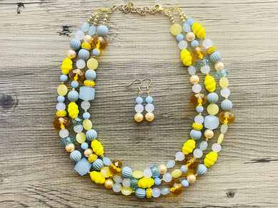 Sunny Stream Yellow & Blue Necklace, multi strand colorful jewelry, big beaded chunky statement necklace, aqua light blue necklace jewelry