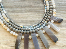 Load image into Gallery viewer, Gray Quartz statement necklace, chunky bib beaded jewelry 4 strand neutral necklace, gray wood multi strand wood, Traveler Collection