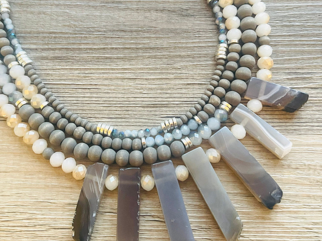 Gray Quartz statement necklace, chunky bib beaded jewelry 4 strand neutral necklace, gray wood multi strand wood, Traveler Collection