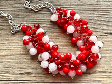 Load image into Gallery viewer, Red &amp; White Cluster Necklace, Gameday Bridesmaid Jewelry dressy beaded statement bib, silver statement football basketball