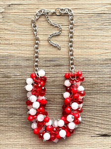 Red & White Cluster Necklace, Gameday Bridesmaid Jewelry dressy beaded statement bib, silver statement football basketball