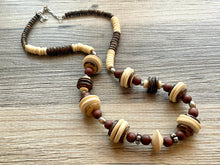 Load image into Gallery viewer, Single Strand Beaded Necklace, vintage brown Jewelry Chunky statement necklace, big beaded necklace tan, wood geometric single strand