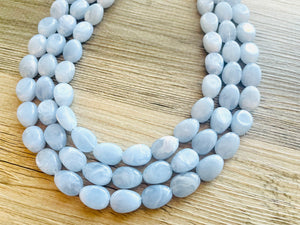 Chambray Double Strand Statement Necklace,  Chunky Periwinkle Oval Beaded Bib Jewelry earrings, sky blue jewelry set, baby blue jewelry