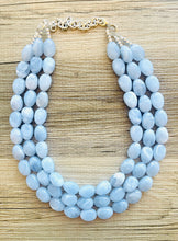 Load image into Gallery viewer, Chambray Double Strand Statement Necklace,  Chunky Periwinkle Oval Beaded Bib Jewelry earrings, sky blue jewelry set, baby blue jewelry