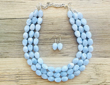 Load image into Gallery viewer, Chambray Double Strand Statement Necklace,  Chunky Periwinkle Oval Beaded Bib Jewelry earrings, sky blue jewelry set, baby blue jewelry