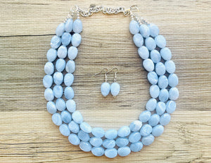 Chambray Double Strand Statement Necklace,  Chunky Periwinkle Oval Beaded Bib Jewelry earrings, sky blue jewelry set, baby blue jewelry