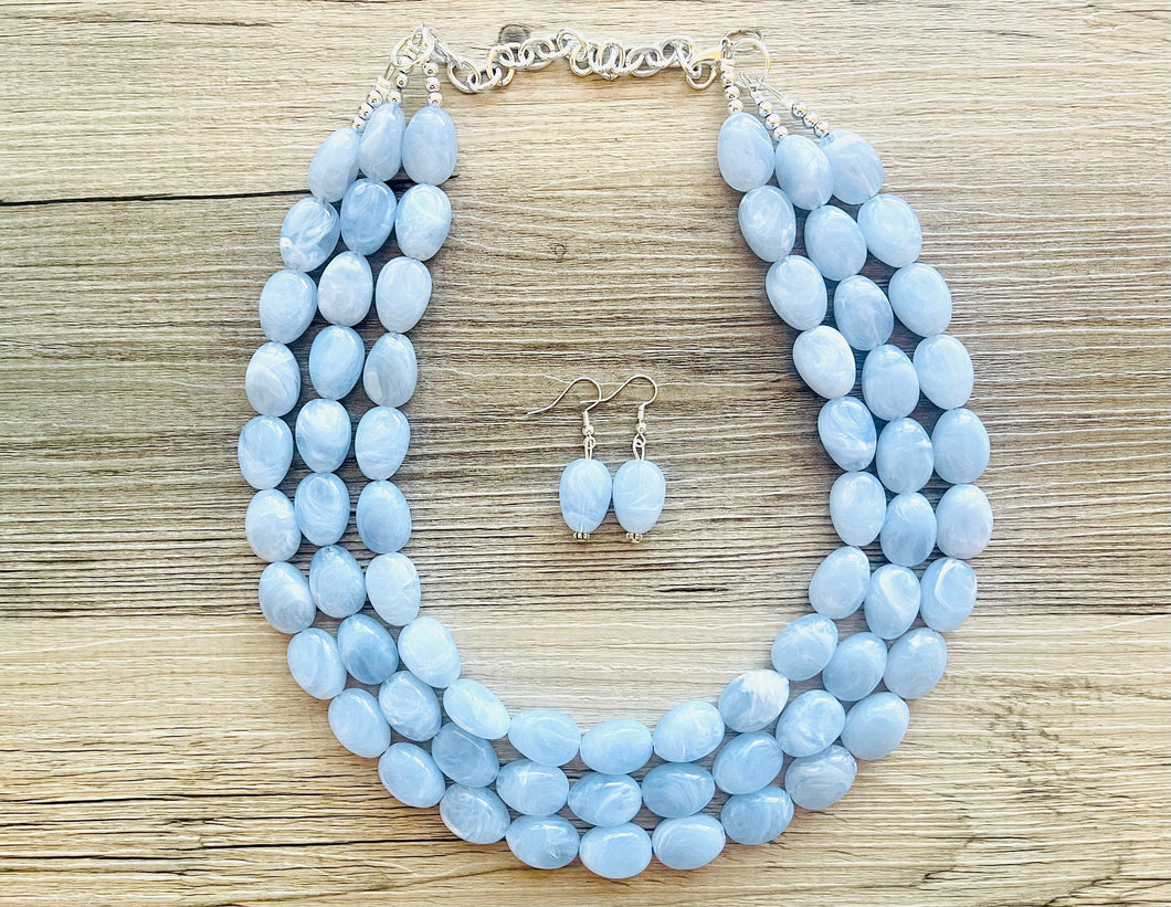 Chambray Double Strand Statement Necklace,  Chunky Periwinkle Oval Beaded Bib Jewelry earrings, sky blue jewelry set, baby blue jewelry