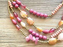 Load image into Gallery viewer, Pink 4 Strand Big Beaded Statement Necklace, pink Jewelry, crystal beaded necklace, pink bridesmaid necklace jewelry blush magenta gold