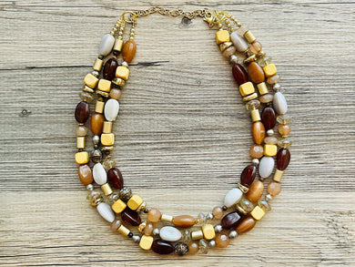 Chocolate Fudge & gold Chunky Statement Necklace, brown beaded necklace, Vintage brown beaded jewelry gold nugget metallic jewel