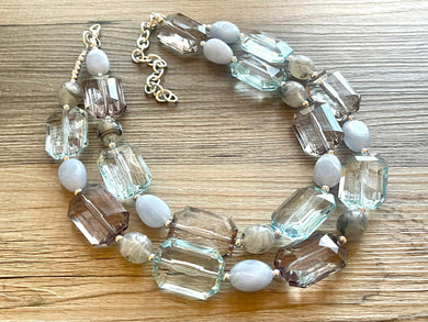 Chambray & Gray Double Strand Statement Necklace, Chunky Periwinkle Oval Beaded Bib earrings, sky blue set, baby blue jewelry