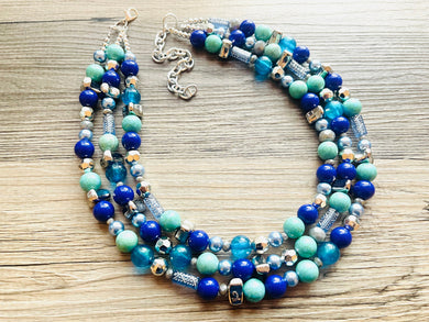 Mountain Meadow Necklace, Chunky 3 Strand Statement Necklace, blue gray periwinkle jewelry, silver turquoise royal resin jewelry metallic