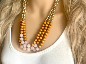 Rose Quartz statement necklace, chunky bib beaded jewelry light pink necklace, multi strand wood & gold, Traveler Collection