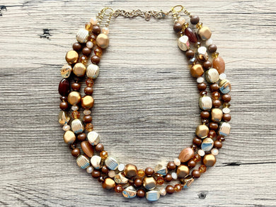Chocolate & gold Chunky Statement Necklace, brown beaded necklace, Vintage brown beaded jewelry gold nugget metallic jewel