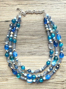 Deep Blue Dive Necklace, Chunky 3 Strand Statement Necklace, blue gray periwinkle jewelry, silver turquoise royal resin jewelry metallic