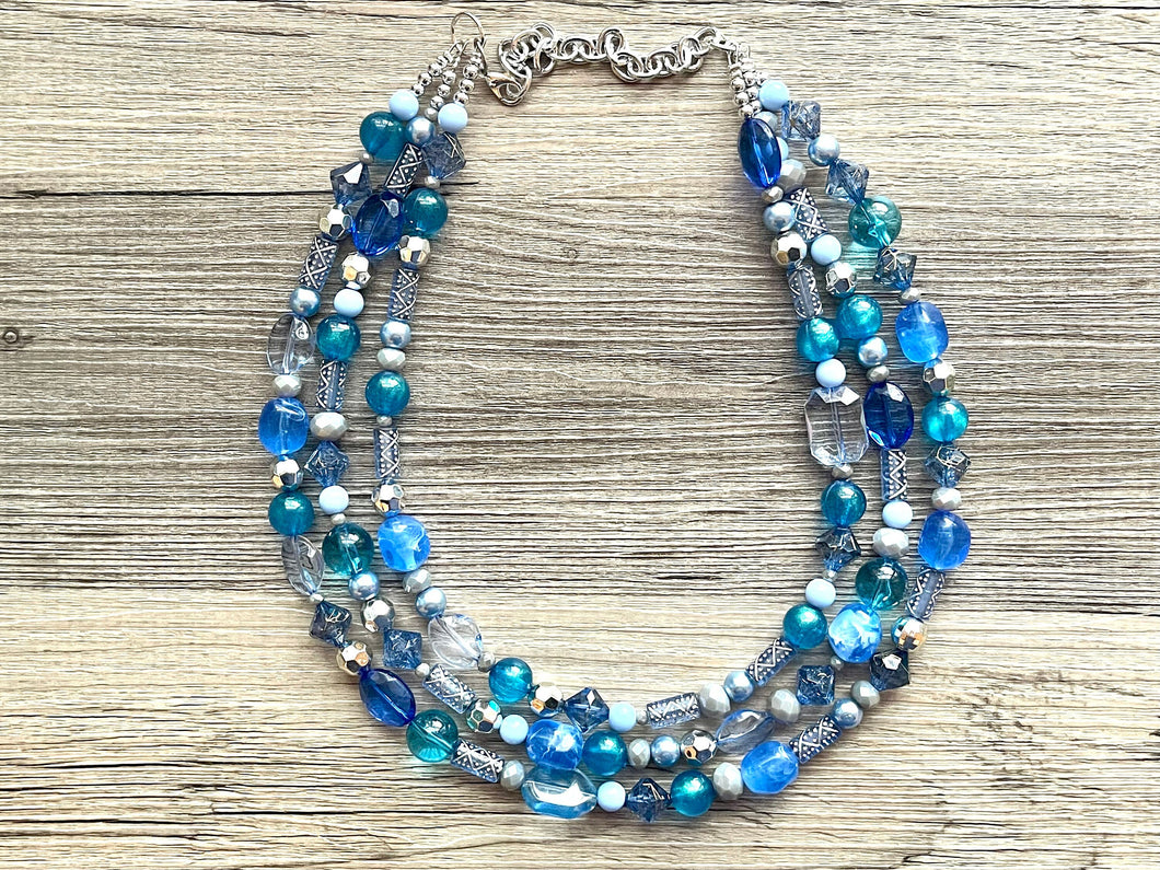 Deep Blue Dive Necklace, Chunky 3 Strand Statement Necklace, blue gray periwinkle jewelry, silver turquoise royal resin jewelry metallic