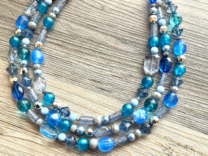 Deep Blue Dive Necklace, Chunky 3 Strand Statement Necklace, blue gray periwinkle jewelry, silver turquoise royal resin jewelry metallic