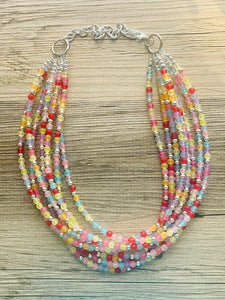 Over the Rainbow Statement Necklace, rainbow pastel extra Chunky Jewelry silver beads 8 strand colorful