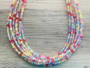 Over the Rainbow Statement Necklace, rainbow pastel extra Chunky Jewelry silver beads 8 strand colorful