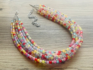 Over the Rainbow Statement Necklace, rainbow pastel extra Chunky Jewelry silver beads 8 strand colorful