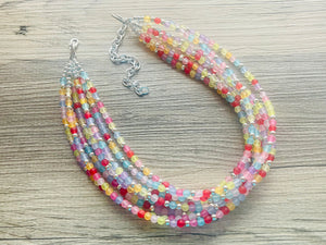 Over the Rainbow Statement Necklace, rainbow pastel extra Chunky Jewelry silver beads 8 strand colorful