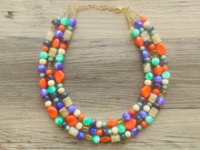 Load image into Gallery viewer, Cobblestone Creek Beaded Necklace, 3 strand Chunky statement necklace, big beaded necklace jewelry, purple orange green tan