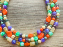 Load image into Gallery viewer, Cobblestone Creek Beaded Necklace, 3 strand Chunky statement necklace, big beaded necklace jewelry, purple orange green tan