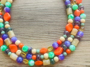 Cobblestone Creek Beaded Necklace, 3 strand Chunky statement necklace, big beaded necklace jewelry, purple orange green tan