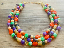 Load image into Gallery viewer, Cobblestone Creek Beaded Necklace, 3 strand Chunky statement necklace, big beaded necklace jewelry, purple orange green tan