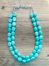 Load image into Gallery viewer, Turquoise Big Beaded Statement Necklace, blue jewelry, teal beaded necklace jewelry, blue necklace, stone gemstone chunky beaded bib