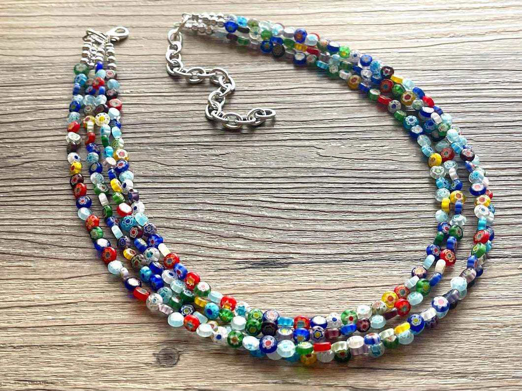 Murano Millefiori Flower Glass Statement Necklace, chunky necklace, Flower Jewelry RAINBOW vintage chunky bridesmaid Colorful