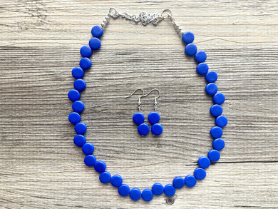 Royal Blue 1 Strand Statement Necklace, Chunky Jewelry Big Beaded Necklace, dark blue Necklace, geometric zig zag bubble round earrings