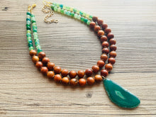 Load image into Gallery viewer, Green Agate Pendant Necklace with wood gold Chain, bead pendant necklace 2 strand drop style gold boutique ooak