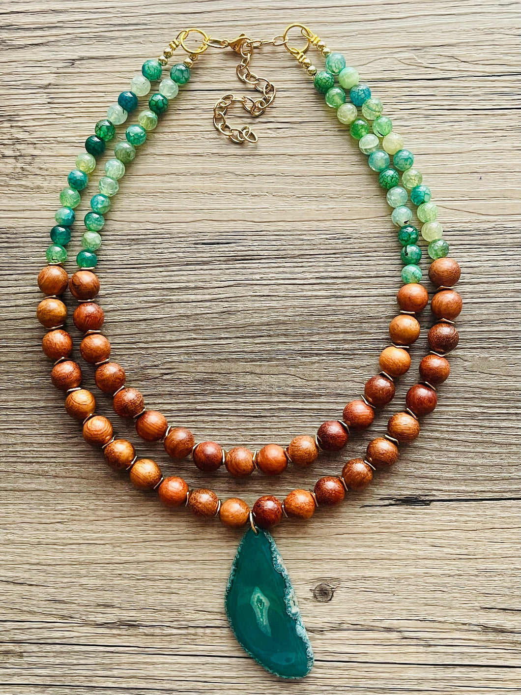 Green Agate Pendant Necklace with wood gold Chain, bead pendant necklace 2 strand drop style gold boutique ooak