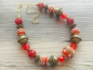 Red & Gold Fiesta Single Strand Big Beaded Statement Necklace, red beaded necklace, red bridesmaid necklace jewelry