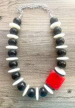 Load image into Gallery viewer, Black White Red Beaded statement necklace, extra chunky geometric bead cherry long necklace jewelry, red earrings jewelry set