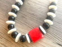 Load image into Gallery viewer, Black White Red Beaded statement necklace, extra chunky geometric bead cherry long necklace jewelry, red earrings jewelry set