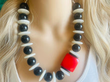 Load image into Gallery viewer, Black White Red Beaded statement necklace, extra chunky geometric bead cherry long necklace jewelry, red earrings jewelry set