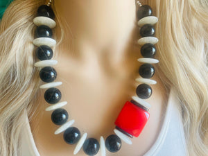 Black White Red Beaded statement necklace, extra chunky geometric bead cherry long necklace jewelry, red earrings jewelry set