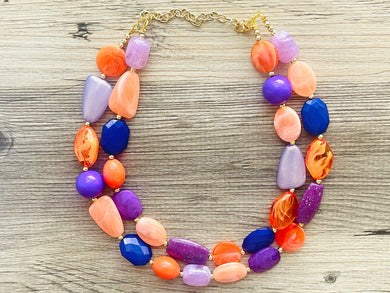 Clementine Purple Chunky Statement Necklace, Big beaded jewelry, Double Strand Statement Necklace, orange bridesmaid wedding lavender