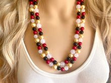 Load image into Gallery viewer, New Years Eve 2 Strand Statement Necklace, bib necklace, acrylic pearl necklace, gold black red white jewelry, double beaded long layering