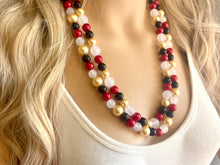 Load image into Gallery viewer, New Years Eve 2 Strand Statement Necklace, bib necklace, acrylic pearl necklace, gold black red white jewelry, double beaded long layering