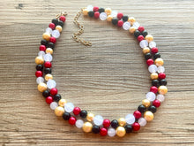 Load image into Gallery viewer, New Years Eve 2 Strand Statement Necklace, bib necklace, acrylic pearl necklace, gold black red white jewelry, double beaded long layering