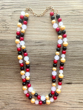 Load image into Gallery viewer, New Years Eve 2 Strand Statement Necklace, bib necklace, acrylic pearl necklace, gold black red white jewelry, double beaded long layering